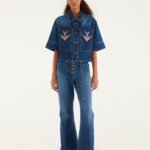 Denim Porcelain Birds Pockets Flare Pants