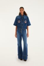 Denim Porcelain Birds Pockets Flare Pants