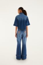 Denim Porcelain Birds Pockets Flare Pants - Image 3
