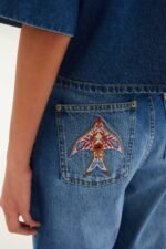 Denim Porcelain Birds Pockets Flare Pants - Image 4