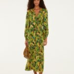 Green Forest Parrots Long Sleeve Midi Dress