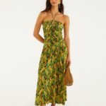 Green Forest Parrots Ruched Bodice Maxi Dress