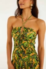 Green Forest Parrots Ruched Bodice Maxi Dress - Image 2