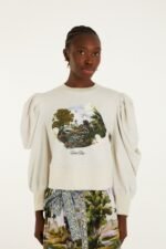 Grey Countryside Landscape Puff Sleeve Sweater