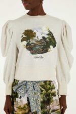 Grey Countryside Landscape Puff Sleeve Sweater - Image 4