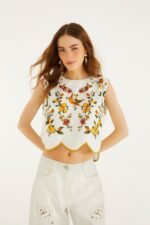 Off-White Lemon Bouquet Wavy Hem Sleeveless Blouse