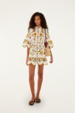 Off-White Lemon Bouquet Belted Puff Sleeve Mini Dress