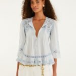Light Blue Richelieu Short Sleeve Blouse