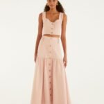 Light Pink Bisne Buttoned Twill Midi Skirt