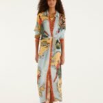 Multicolor Beaches Path Collared Buttoned Maxi Dress