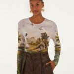 Multicolor Countryside Landscape Long Sleeve Jersey Blouse