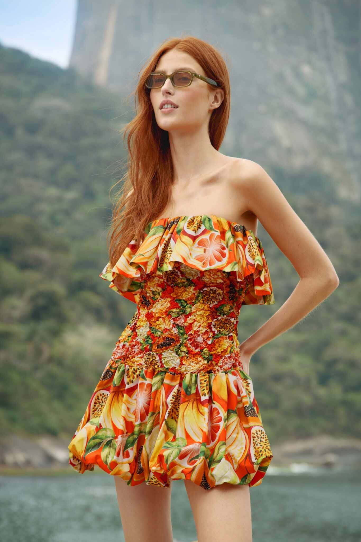 nonelie-multicolor-fruit-garden-red-smocked-balloon-mini-dress_355652.jpg Multicolor Fruit Garden Red Smocked Balloon Mini Dress - Image 1