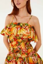 Multicolor Fruit Garden Red Smocked Balloon Mini Dress - Image 5
