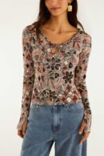 Multicolor Rustic Flowers Long Sleeve Top - Image 5
