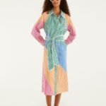 Multicolor Stripes Embroidered Belted  Midi Dress