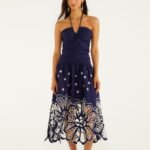 Navy Blue Embroidered Richelieu Midi Dress