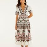 Off-White Ainika Rustic Flowers Short Sleeve Maxi Dress