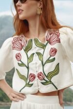 Off-White Flower Embroidered  Crop Top - Image 2