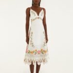 Off-White Flower Embroidery Asymetric Hem Midi Dress