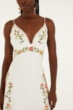 Off-White Flower Embroidery Asymetric Hem Midi Dress - Image 2