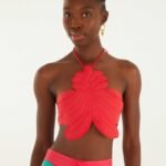 Red 3d Shell Halter Neck Crop Top