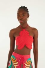 Red 3d Shell Halter Neck Crop Top