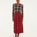 Red Buttoned Belted Wavy Midi Skirt