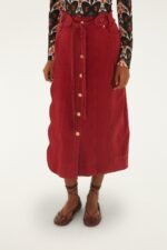 Red Buttoned Belted Wavy Midi Skirt - Image 2