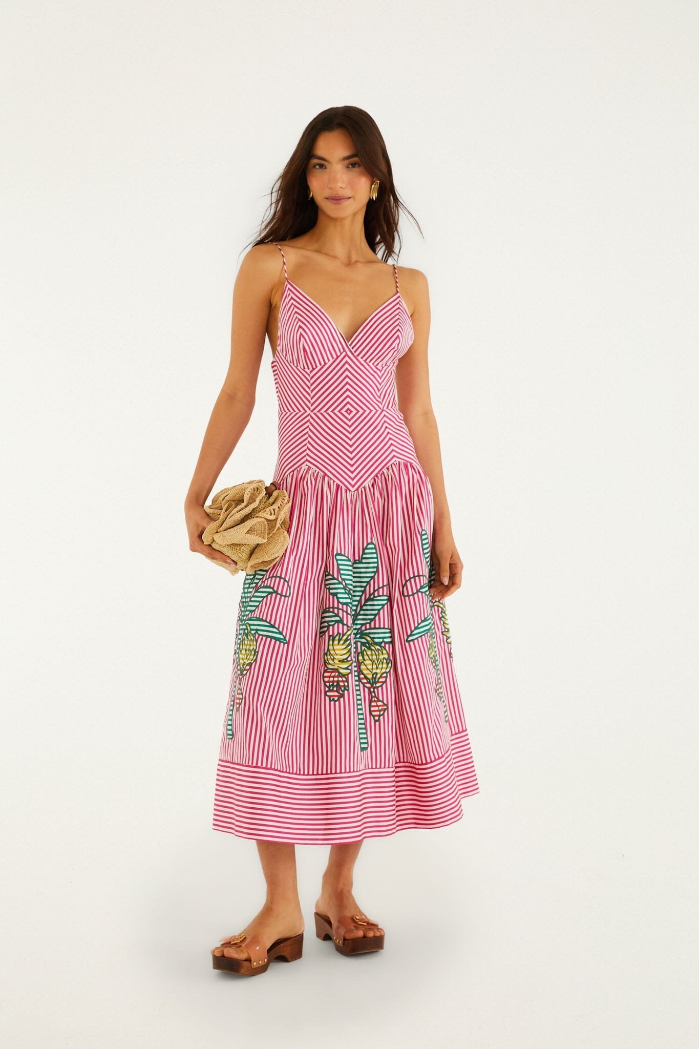 nonelie-red-palm-tree-stripes-cutwork-organic-cotton-midi-dress_355811.jpg Pink Palm Tree Stripes Cutwork Midi Dress - Image 1