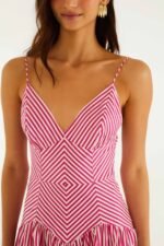 Pink Palm Tree Stripes Cutwork  Midi Dress - Image 4