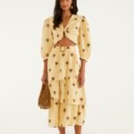 Sand Embroidered Trees Buckled Layered Midi Skirt