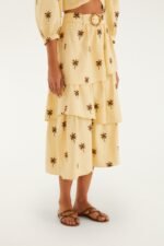 Sand Embroidered Trees Buckled Layered Midi Skirt - Image 2