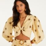 Sand Embroidered Trees Buckled Long Sleeve Crop Top