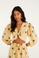 Sand Embroidered Trees Buckled Long Sleeve Crop Top