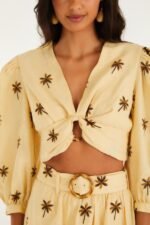 Sand Embroidered Trees Buckled Long Sleeve Crop Top - Image 4