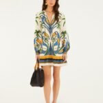 Sand Tropical Graphic Lace Ruffled Mini Dress