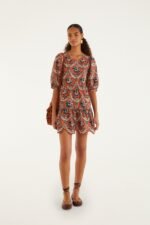 Terracotta Victorian Floral Puff Sleeve Mini Dress