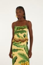 Yellow Fruit Leaves Banana Beaded Fringes Sleeveless Top